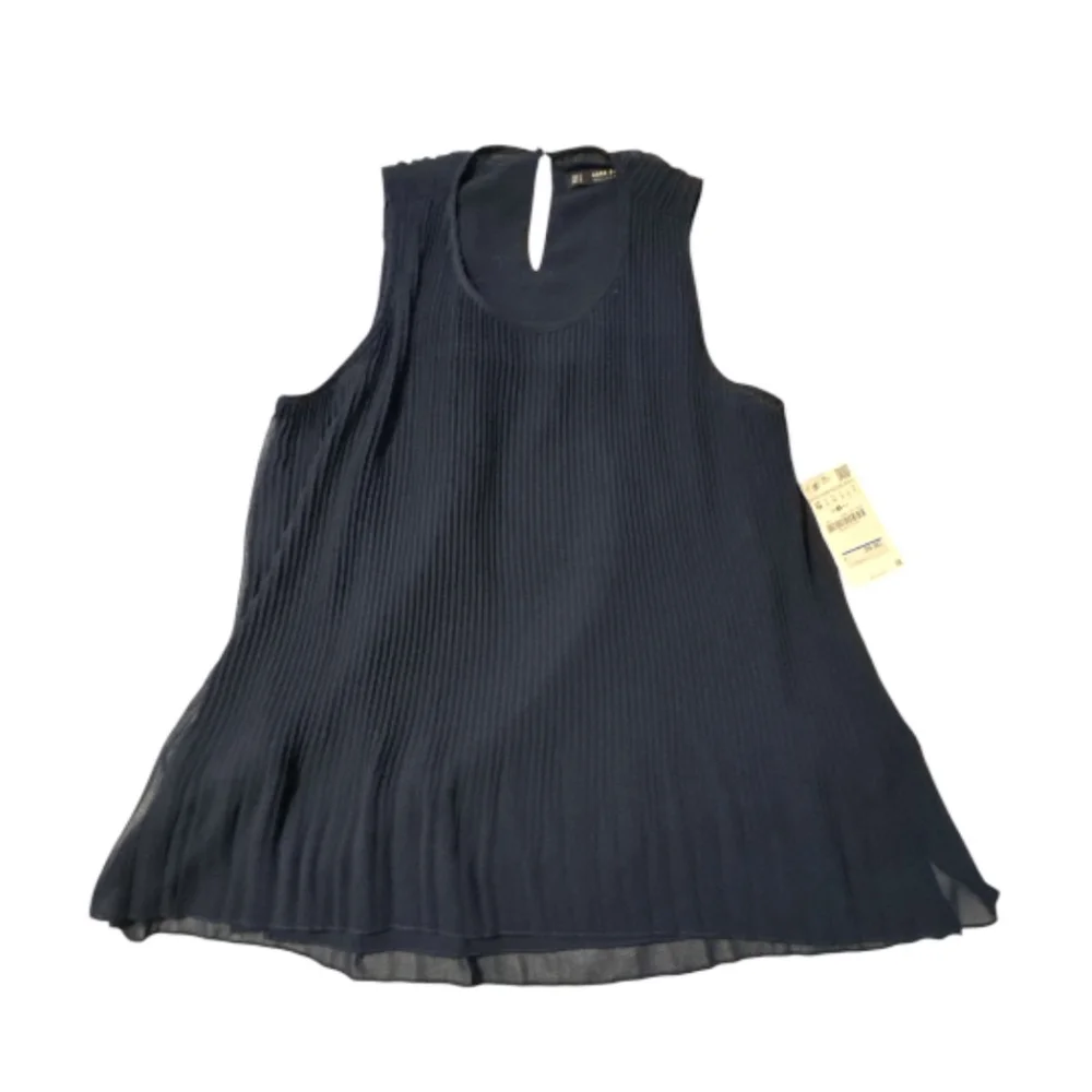 Zara Basic Pleated Tank Top Size S Navy Sleeveless New w Tags